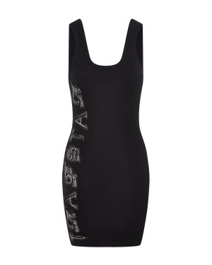 Black Womens Trapstar Script Denim Applique Tank Dress | NBK-480715