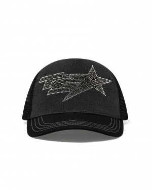 Black Womens Trapstar TS Star Diamante Trucker Caps | OSR-539067