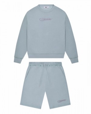 Light Blue Mens Trapstar Hyperdrive Crewneck Short Set | ION-385760