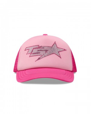 Pink Womens Trapstar TS Star Diamante Trucker Caps | TDI-749015
