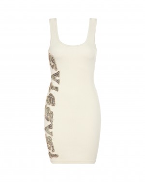 White Womens Trapstar Script Denim Applique Tank Dress | RXN-749182